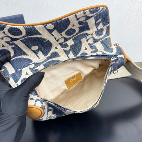 DIOR - Sac Saddle Dior Oblique effet raphia bleu et beige - Hanorio