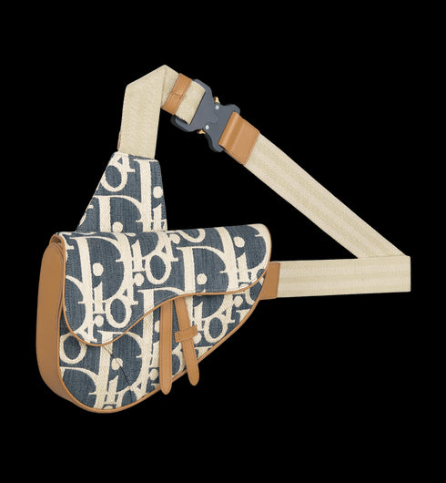 DIOR - Sac Saddle Dior Oblique effet raphia bleu et beige - Hanorio